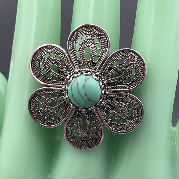 Vintage Jewelry - Huge Sterling Silver Flower Ring with Turquoise Center Stone